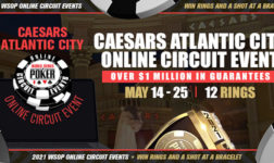The Caesars Atlantic City Online Circuit runs May 14-25 at WSOP.com with 12 championship gold rings awarded and $1 million in guaranteed.